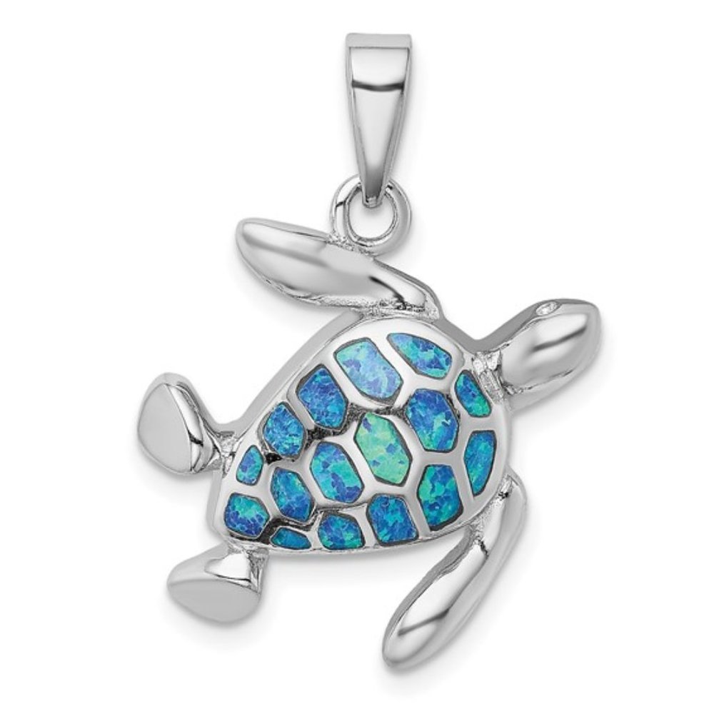 925 Sterling Silver Large Blue Created Opal Inlay Turtle Necklace Charm Pendant